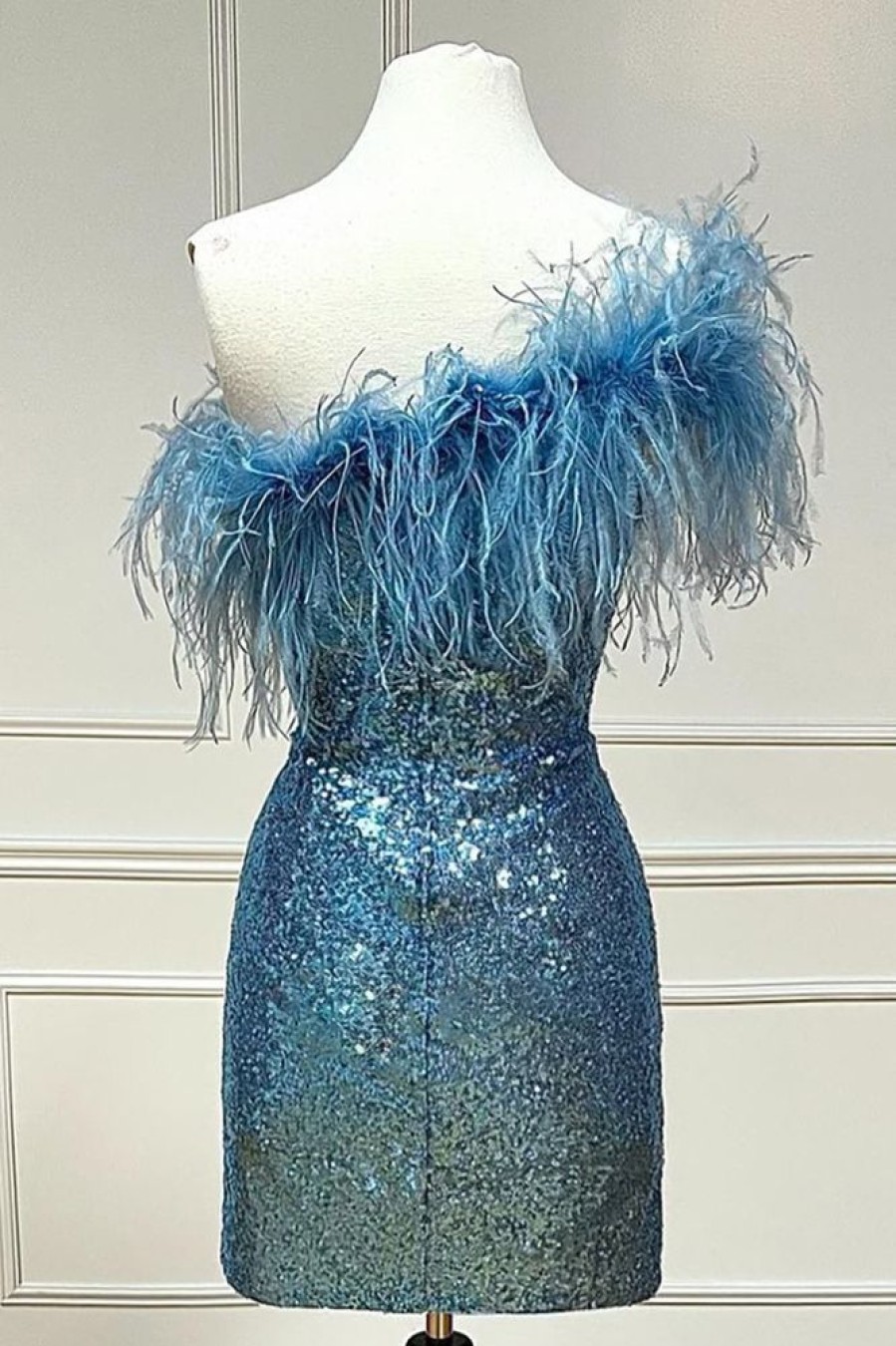 Homrain Sparkly Tight Sequins Homecoming Dress With Feathers | Blue Hoco Dresses