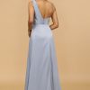 Homrain A Line Asymmetrical Neck Satin Long Bridesmaid Dress | Dusty Blue Bridesmaid Dress