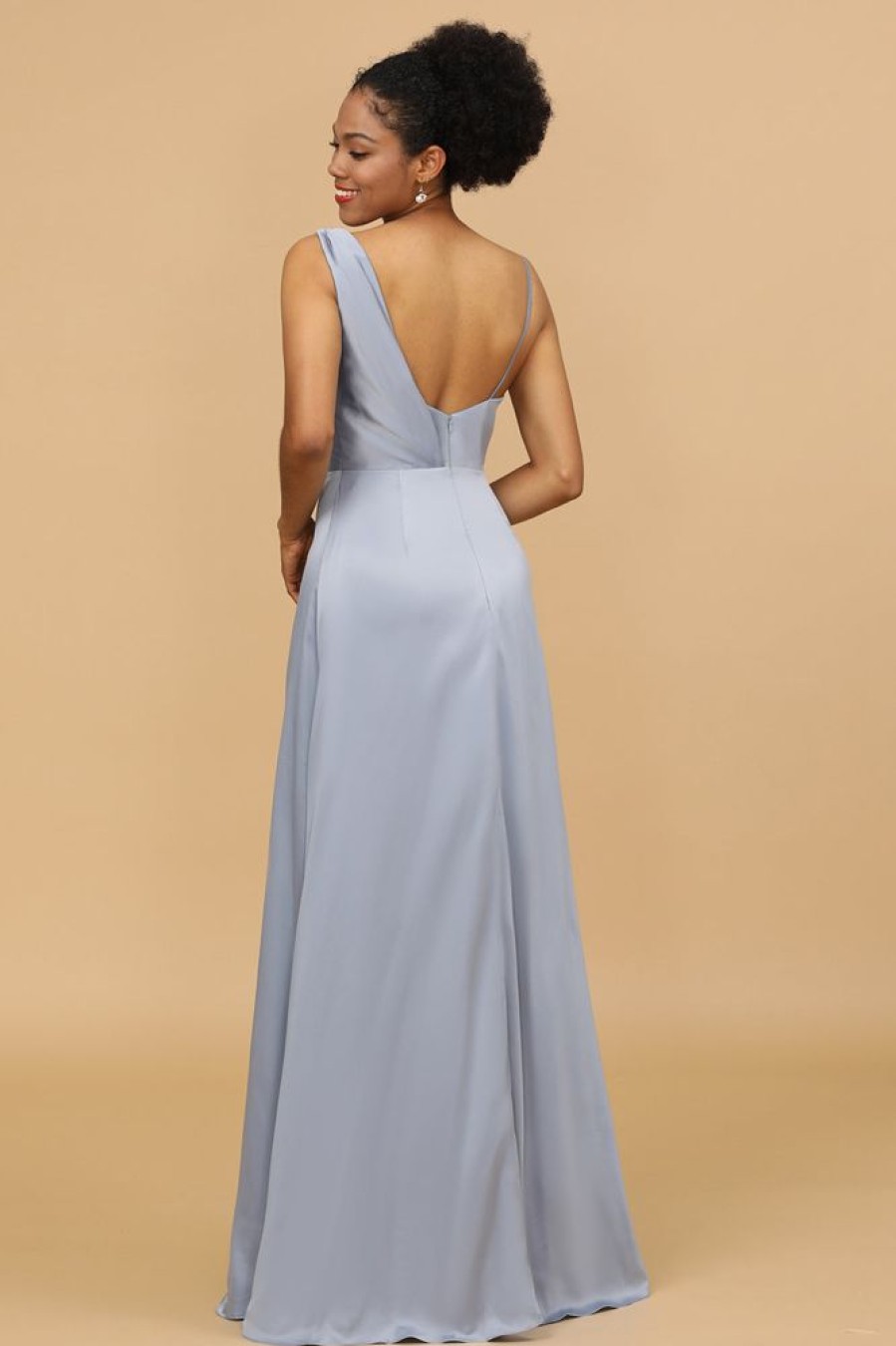 Homrain A Line Asymmetrical Neck Satin Long Bridesmaid Dress | Dusty Blue Bridesmaid Dress