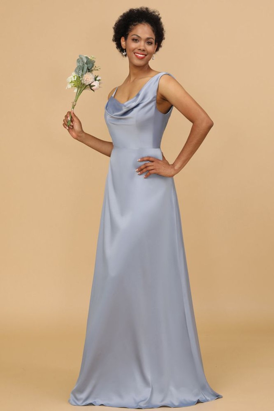 Homrain A Line Asymmetrical Neck Satin Long Bridesmaid Dress | Dusty Blue Bridesmaid Dress