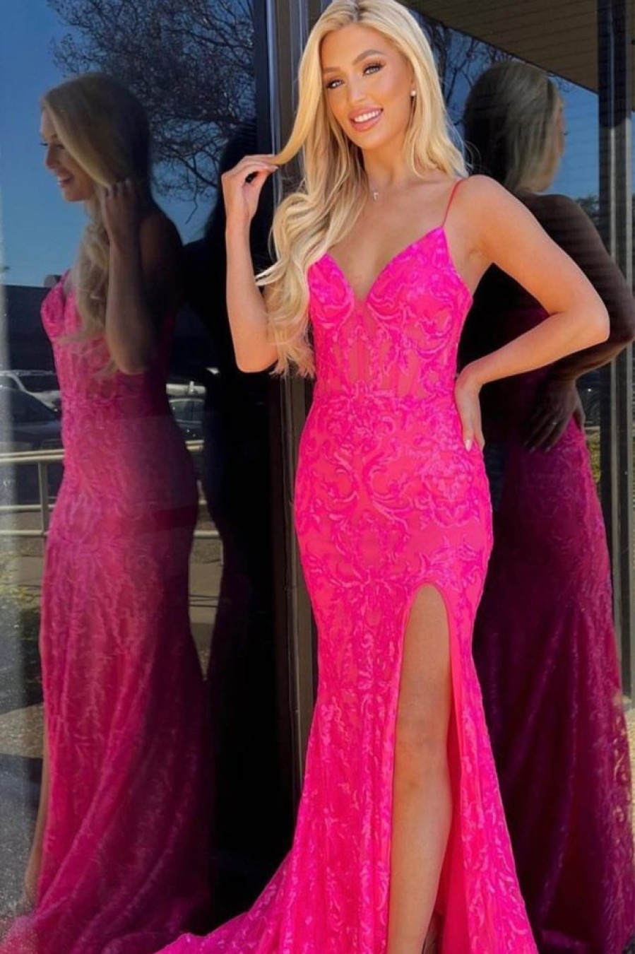 Homrain Hot Pink Spaghetti Straps Mermaid Prom Dress | Hot Pink Prom Dresses