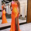 Homrain Sparkly Sequins One Shoulder Mermaid Long Prom Dress With Fringes | Orange Prom Dresses