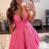 Homrain Glitter Hot Pink A-Line Short Homecoming Dress With Pockets | Red Hoco Dresses