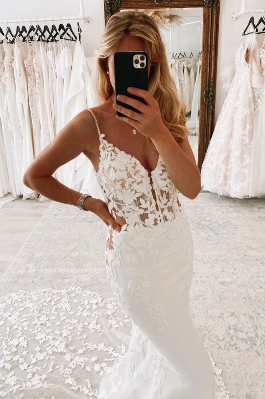 Homrain Spaghetti Straps Backless Long Wedding Dress With Lace | Mermaid Wedding Dresses