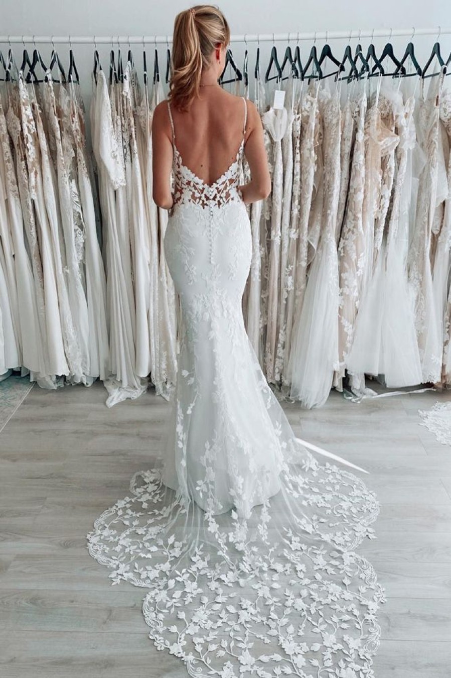 Homrain Spaghetti Straps Backless Long Wedding Dress With Lace | Mermaid Wedding Dresses