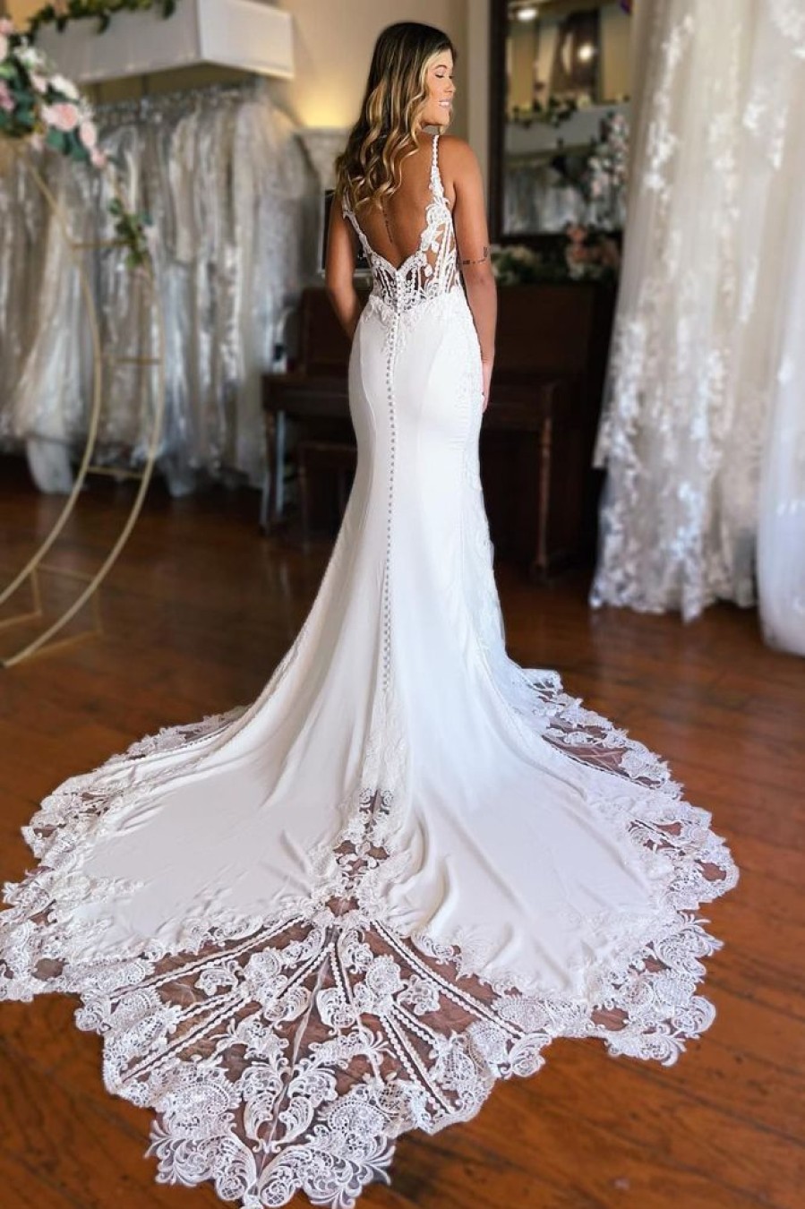 Homrain Boho Mermaid Spaghetti Straps Long Wedding Dress With Lace | Mermaid Wedding Dresses