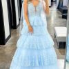 Homrain Sparkly Tiered Lace A-Line Corset Long Prom Dress | Blue Prom Dresses