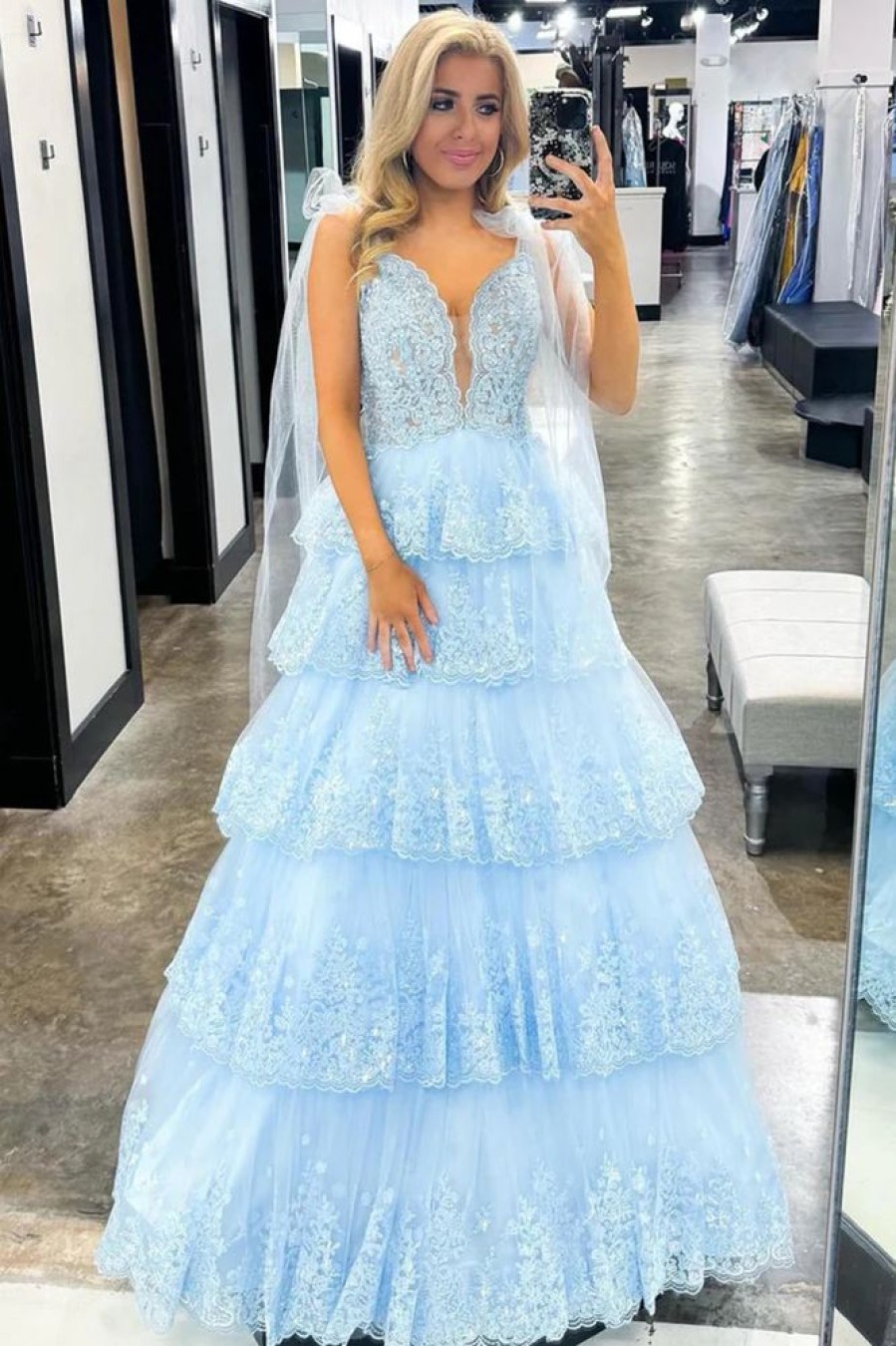 Homrain Sparkly Tiered Lace A-Line Corset Long Prom Dress | Blue Prom Dresses