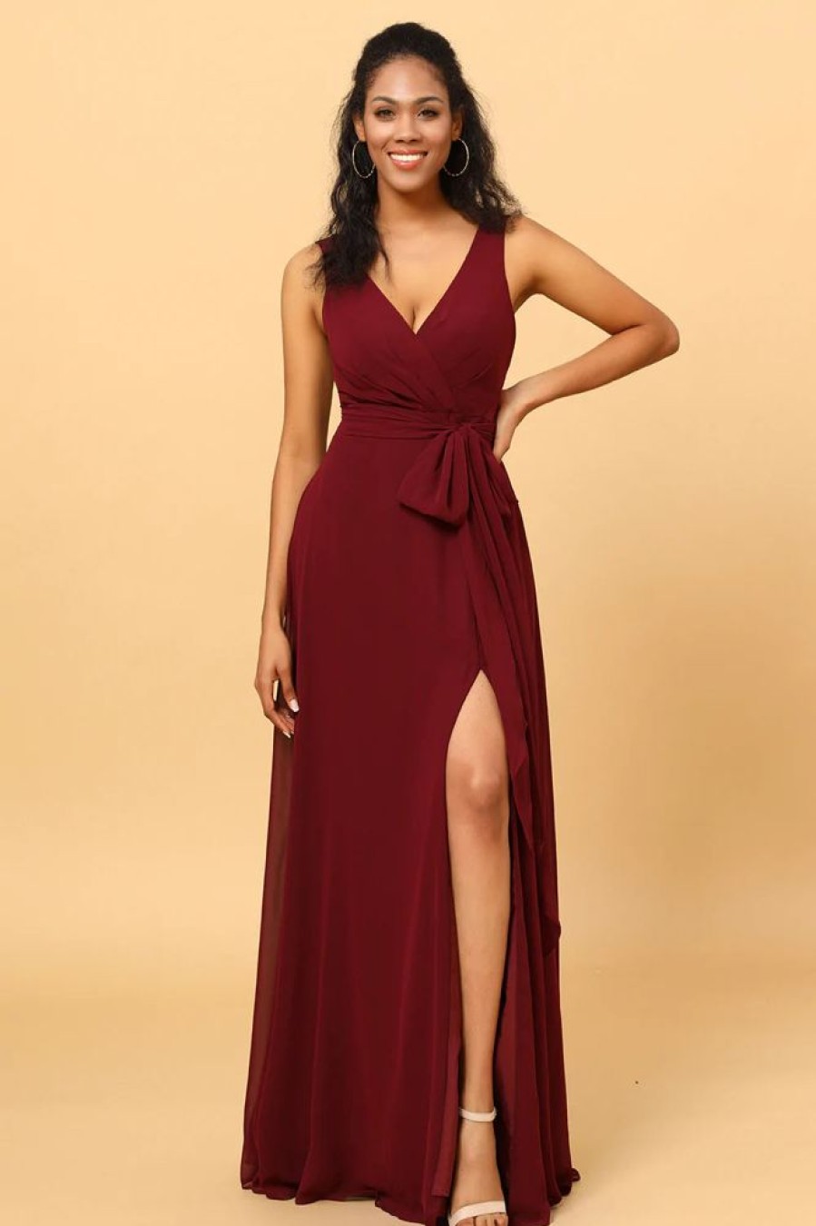 Homrain Burgundy Wrap Chiffon Bridesmaid Dress With Slit | Boho Bridesmaid Dresses