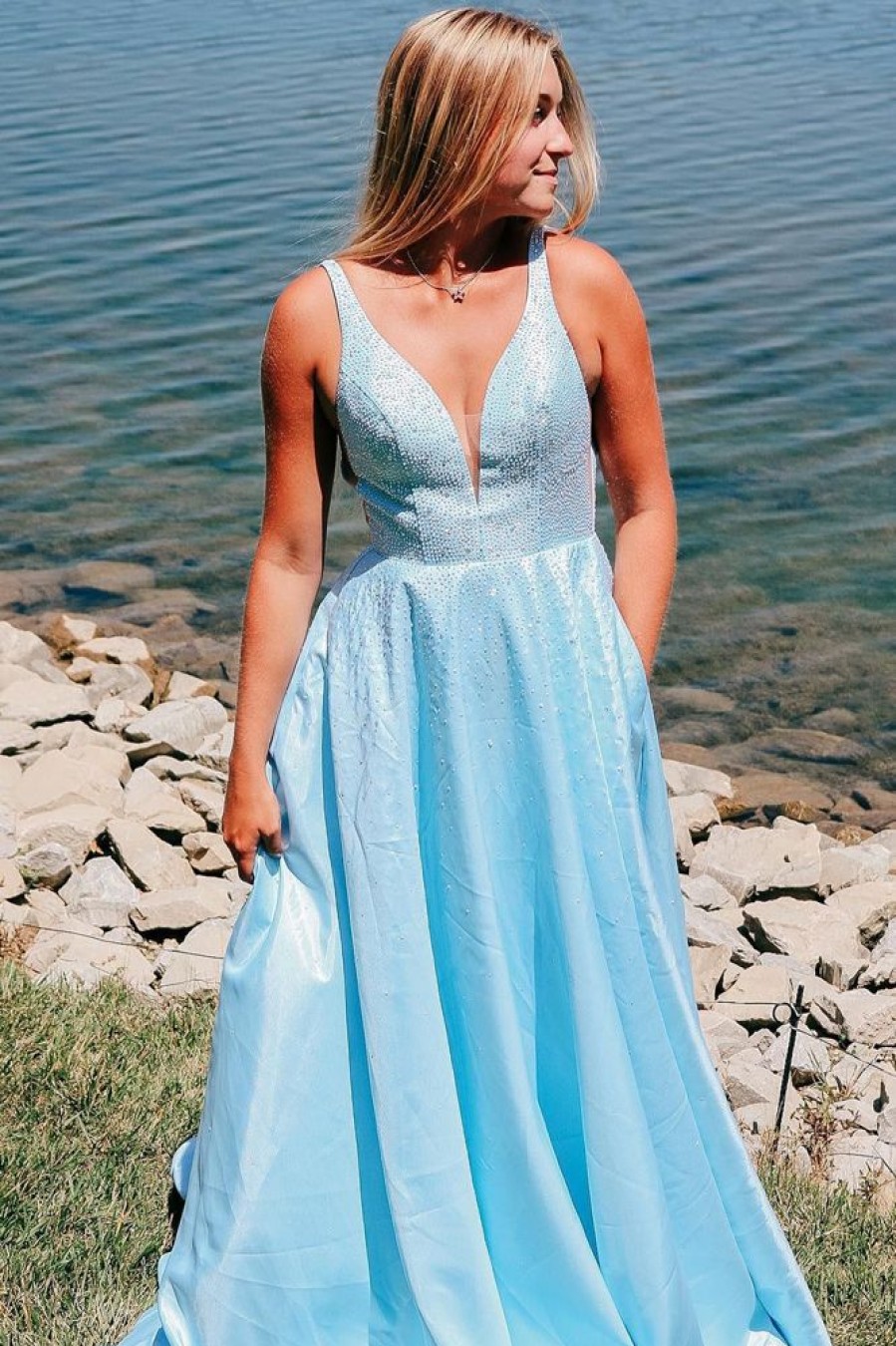 Homrain V-Neck A-Line Prom Dress With Pockets | Blue Prom Dresses