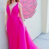 Homrain V-Neck Backless Long Prom Dress | Hot Pink Prom Dresses