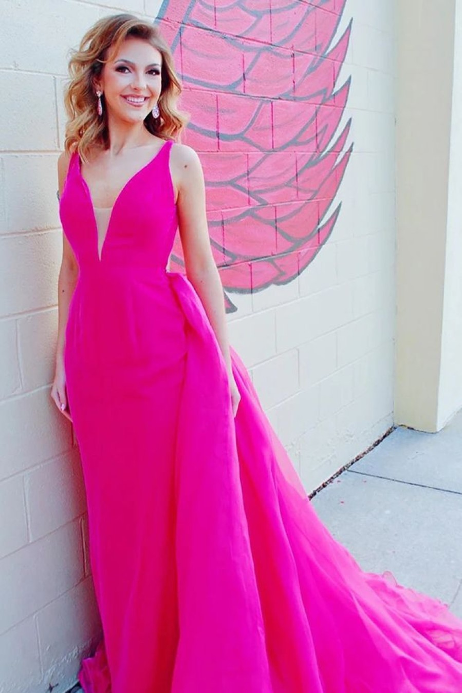 Homrain V-Neck Backless Long Prom Dress | Hot Pink Prom Dresses