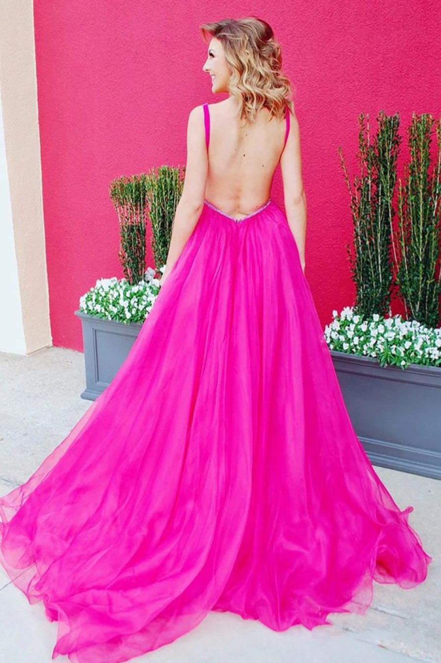 Homrain V-Neck Backless Long Prom Dress | Hot Pink Prom Dresses