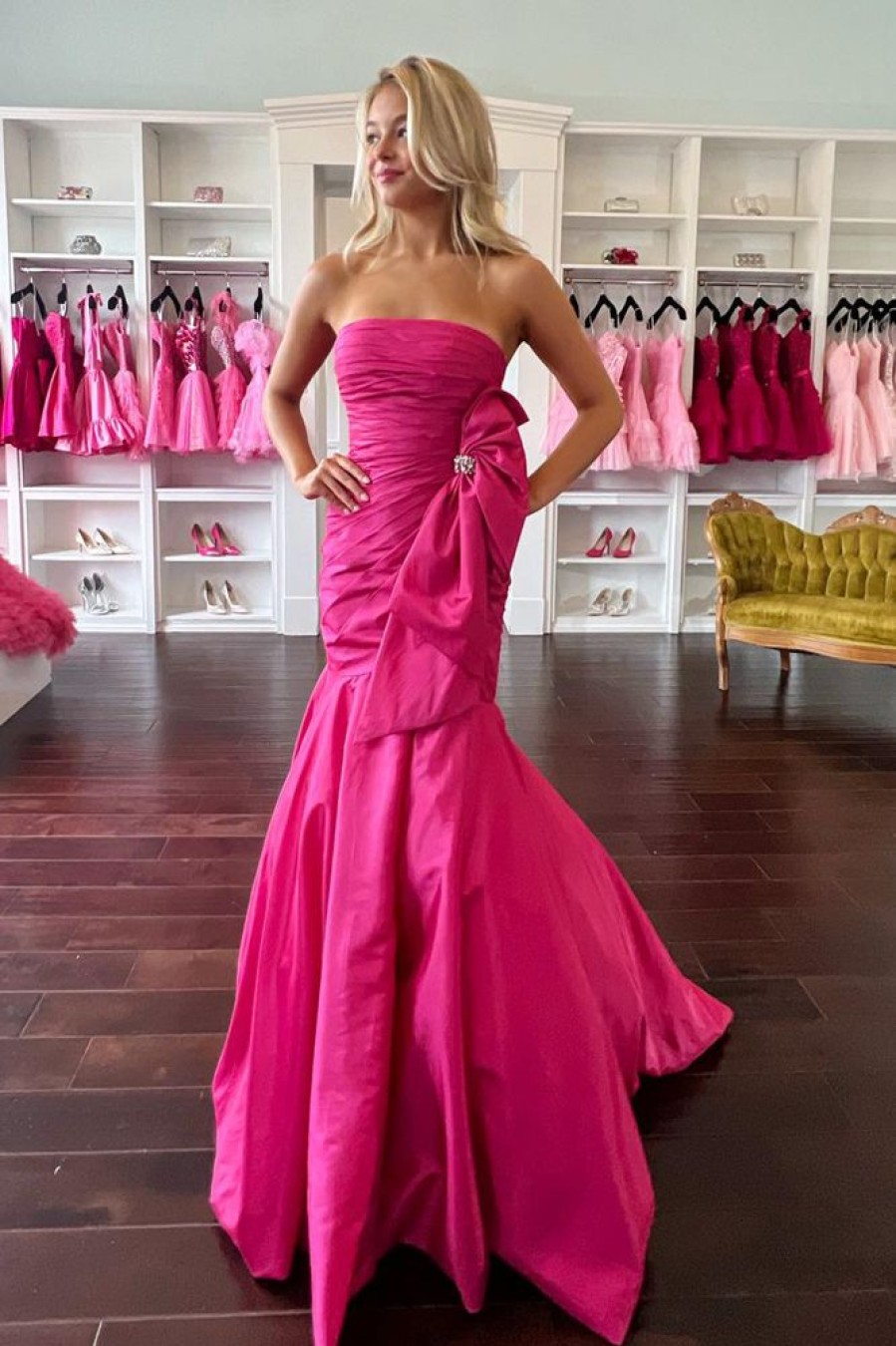 Homrain Strapless Mermaid Long Prom Dress With Bowknot | Hot Pink Prom Dresses