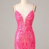 Homrain Sheath Spaghetti Straps Sequins Short Homecoming Dress | Hot Pink Hoco Dresses