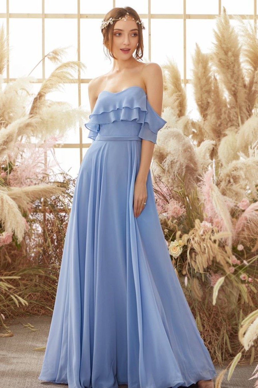 Homrain Off The Shoulder Chiffon Bridesmaid Dress | Dusty Blue Bridesmaid Dress