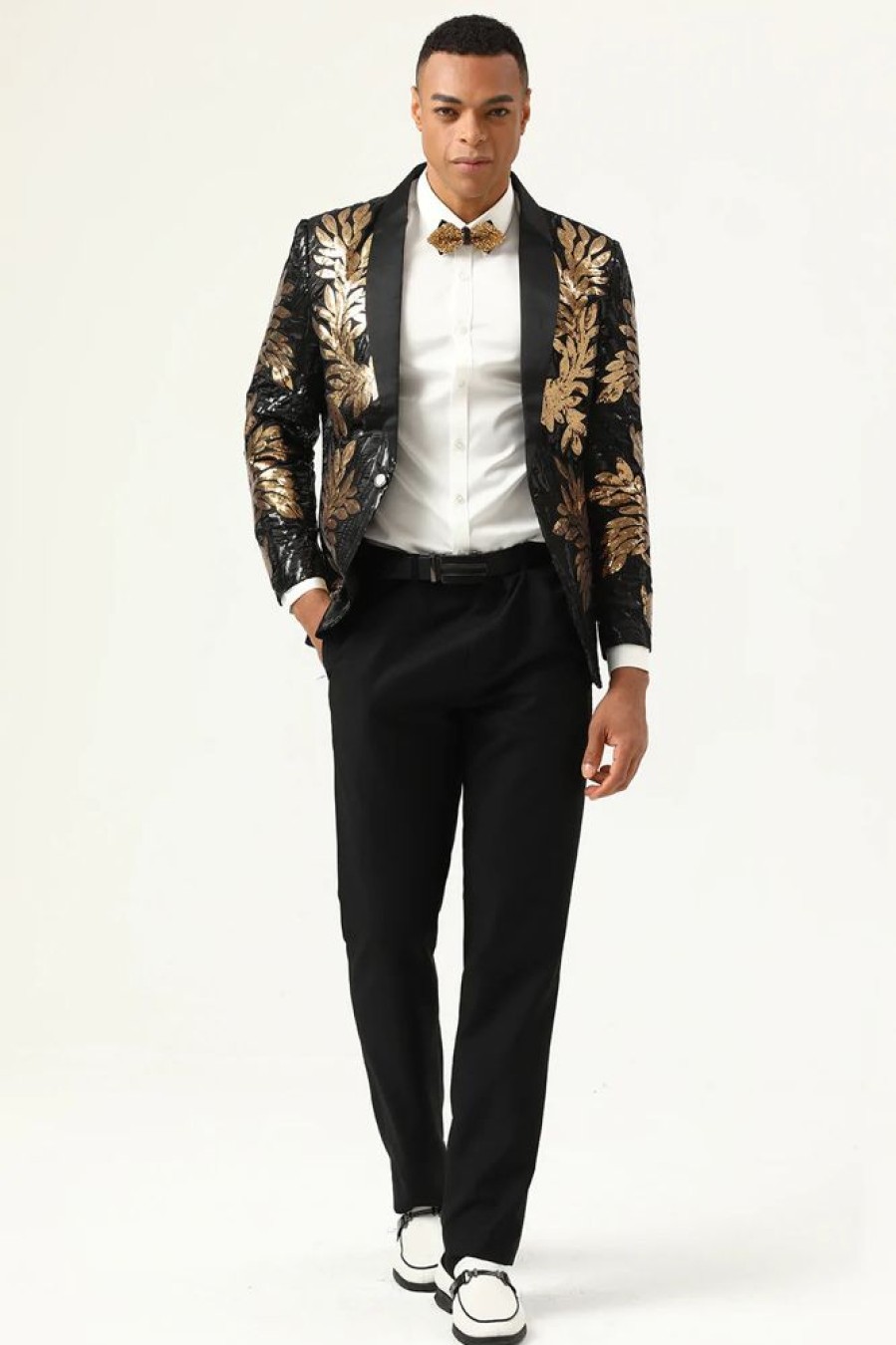 Homrain 2 Piece Black And Gold Jacquard Sequins Men'S Prom Suits | Men'S Suits & Tuxedos