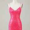 Homrain Hot Pink Sparkly Beaded Tight Short Homecoming Dress | Hot Pink Hoco Dresses