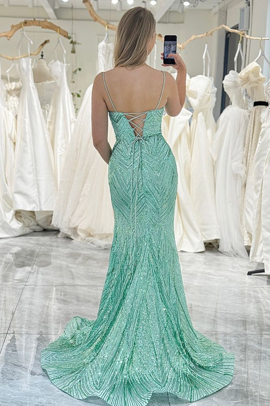 Homrain Sparkly Mermaid Long Prom Dress With Slit | Green Prom Dresses