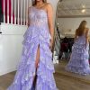 Homrain Sparkly One Shoulder Tiered Lace Long Prom Dress With Slit | Purple Prom Dresses