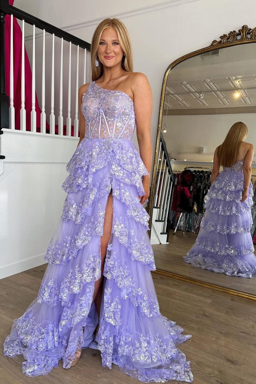 Homrain Sparkly One Shoulder Tiered Lace Long Prom Dress With Slit | Purple Prom Dresses