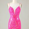 Homrain Sparkly Pink Spaghetti Straps Backless Tight Sequins Short Homecoming Dress | Hot Pink Hoco Dresses