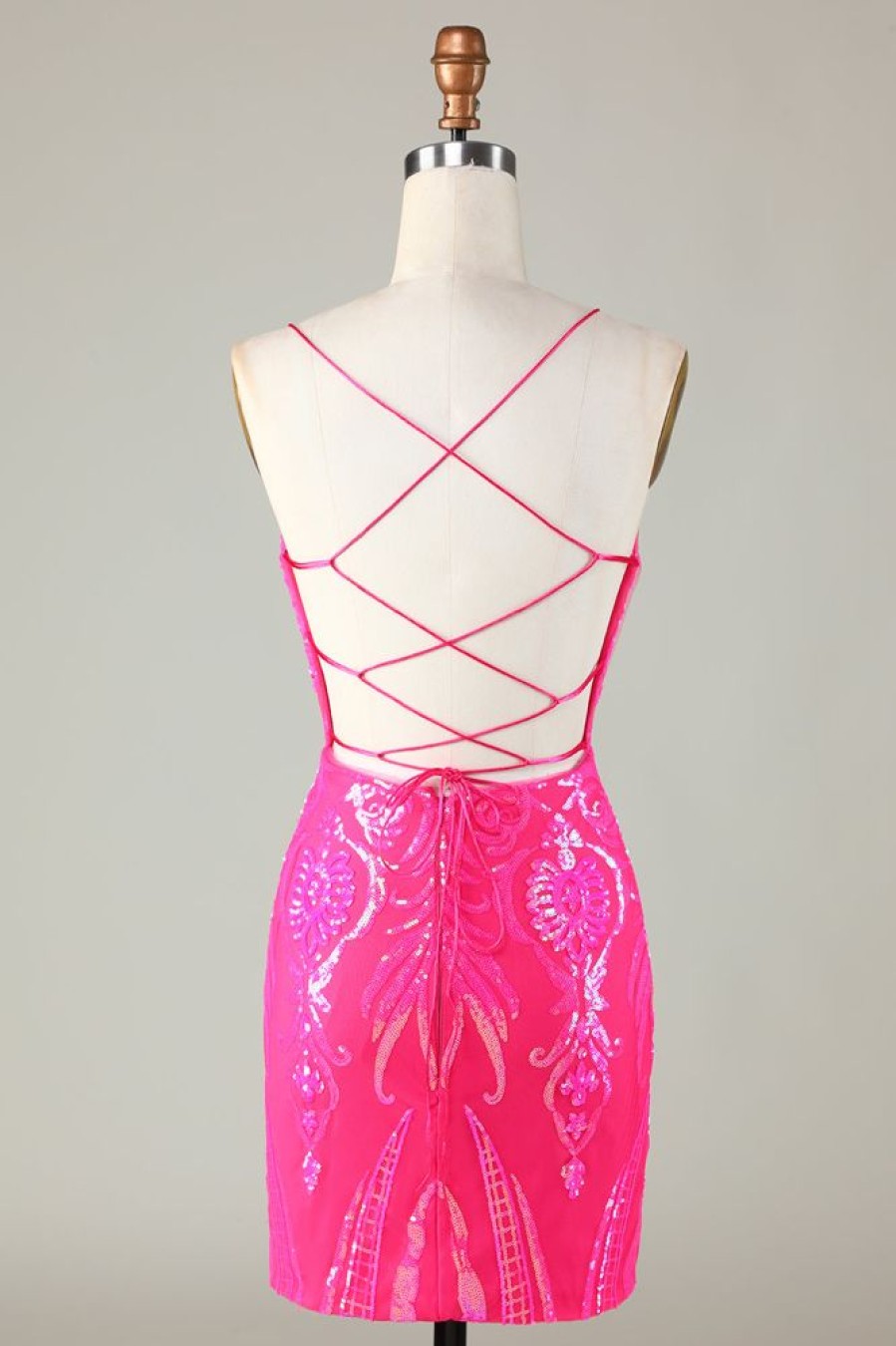 Homrain Sparkly Pink Spaghetti Straps Backless Tight Sequins Short Homecoming Dress | Hot Pink Hoco Dresses