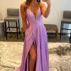 Homrain A Line Deep V Neck Long Prom Dress With Beading | Purple Prom Dresses