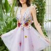 Homrain Deep V Neck Open Back Homecoming Dress With 3D Flowers | Purple Hoco Dresses