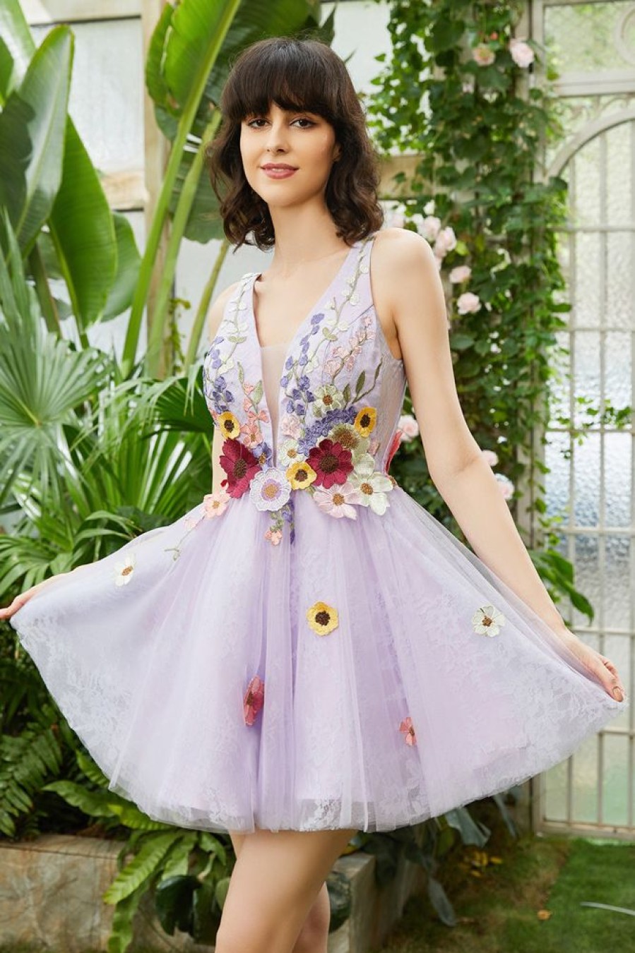 Homrain Deep V Neck Open Back Homecoming Dress With 3D Flowers | Purple Hoco Dresses