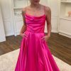 Homrain A Line Spaghetti Straps Hot Pink Long Prom Dress With Split Front | Hot Pink Prom Dresses