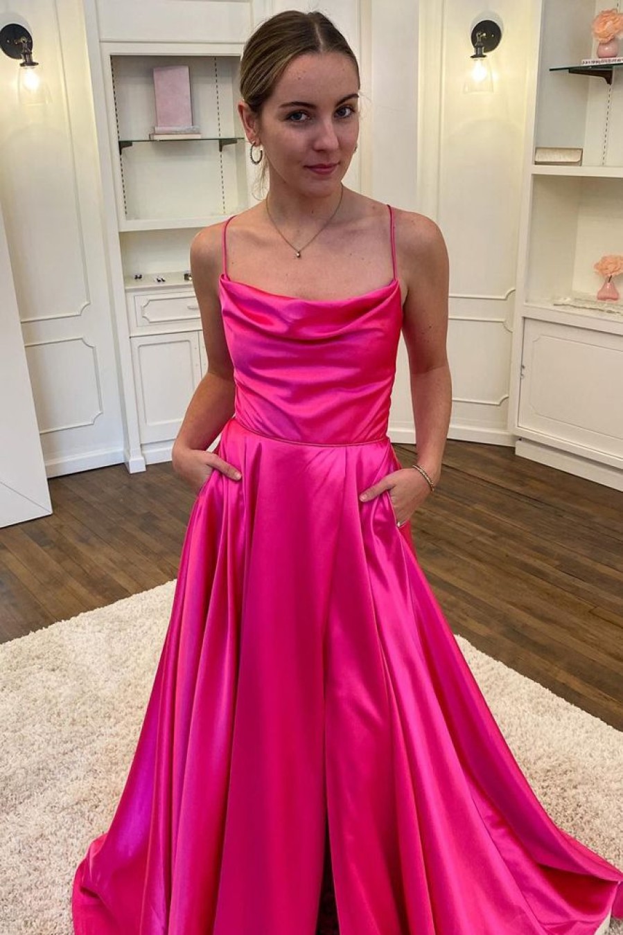 Homrain A Line Spaghetti Straps Hot Pink Long Prom Dress With Split Front | Hot Pink Prom Dresses