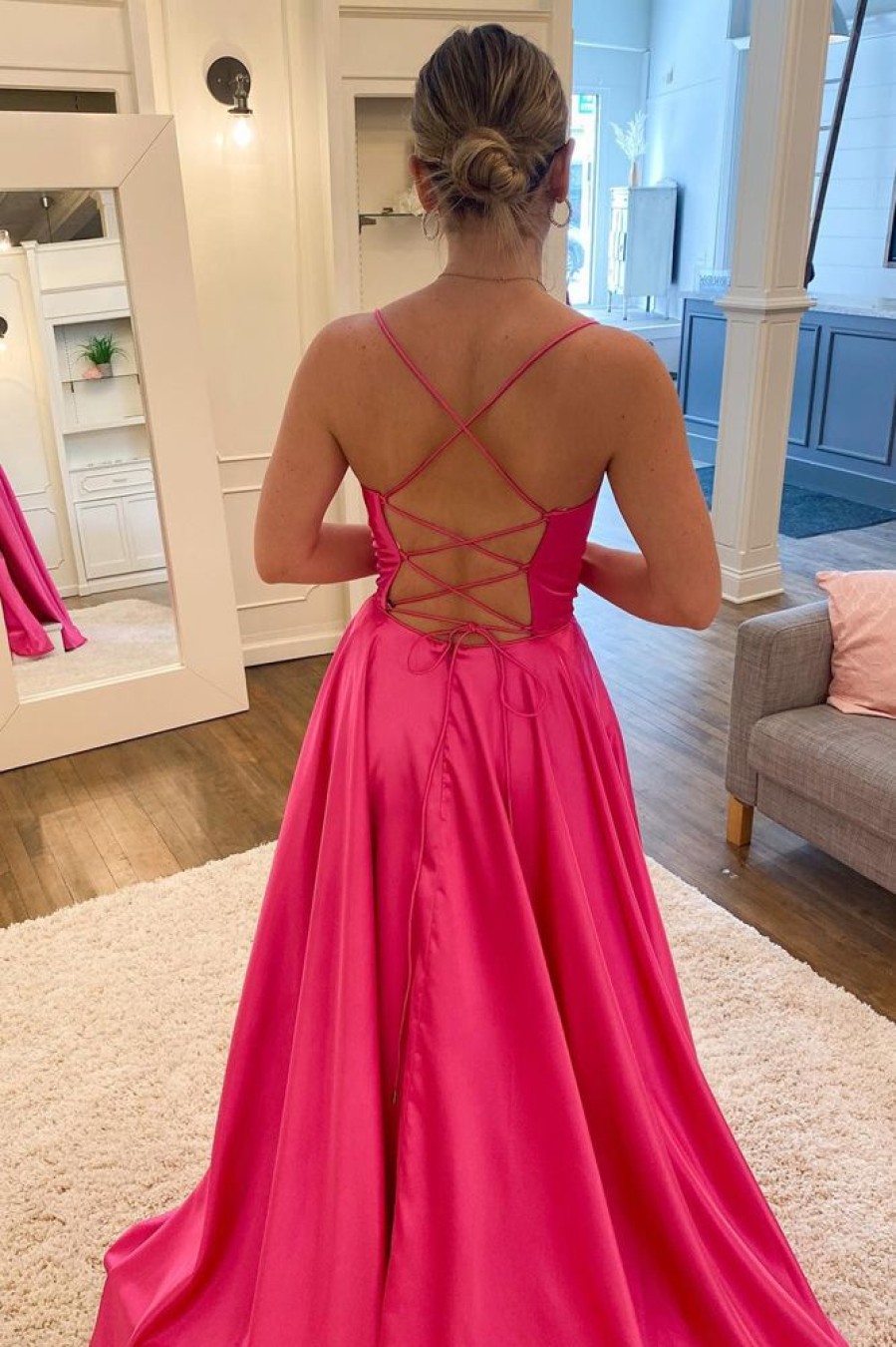 Homrain A Line Spaghetti Straps Hot Pink Long Prom Dress With Split Front | Hot Pink Prom Dresses