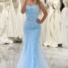 Homrain Mermaid Spaghetti Straps Appliqued Long Prom Dress | Blue Prom Dresses