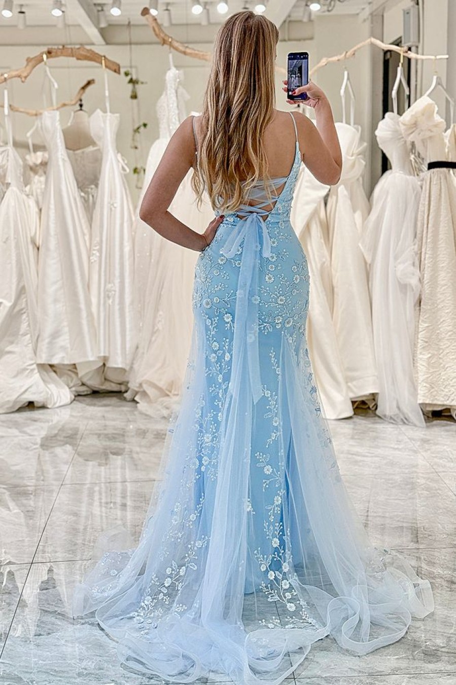 Homrain Mermaid Spaghetti Straps Appliqued Long Prom Dress | Blue Prom Dresses