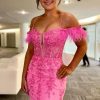 Homrain Glitter Corset Lace Tight Short Homecoming Dress With Feathers | Pink Hoco Dresses