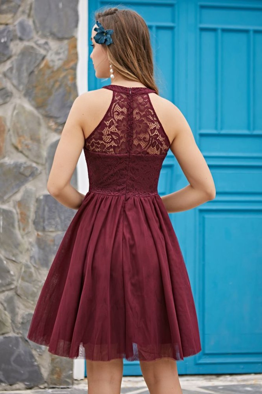 Homrain Halter Lace Dress | Red Hoco Dresses