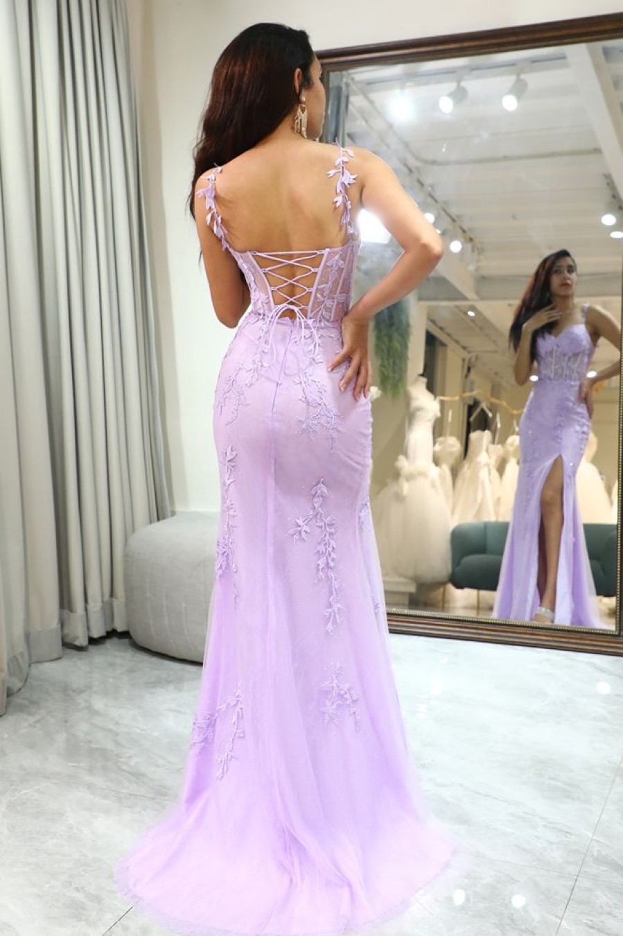 Homrain Mermaid Long Corset Appliqued Prom Dress With Slit | Purple Prom Dresses