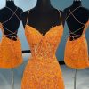 Homrain Spaghetti Straps Tight Short Homecoming Dress With Appliques | Orange Prom Dresses