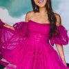 Homrain Corset Puff Sleeves A-Line Short Homecoming Dress With Ruffles | Hot Pink Hoco Dresses