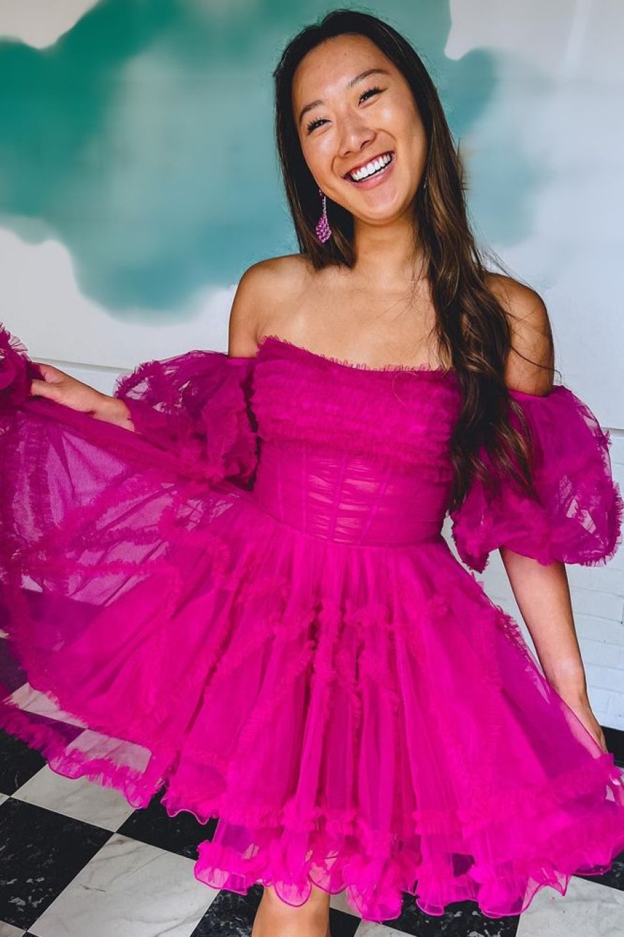 Homrain Corset Puff Sleeves A-Line Short Homecoming Dress With Ruffles | Hot Pink Hoco Dresses