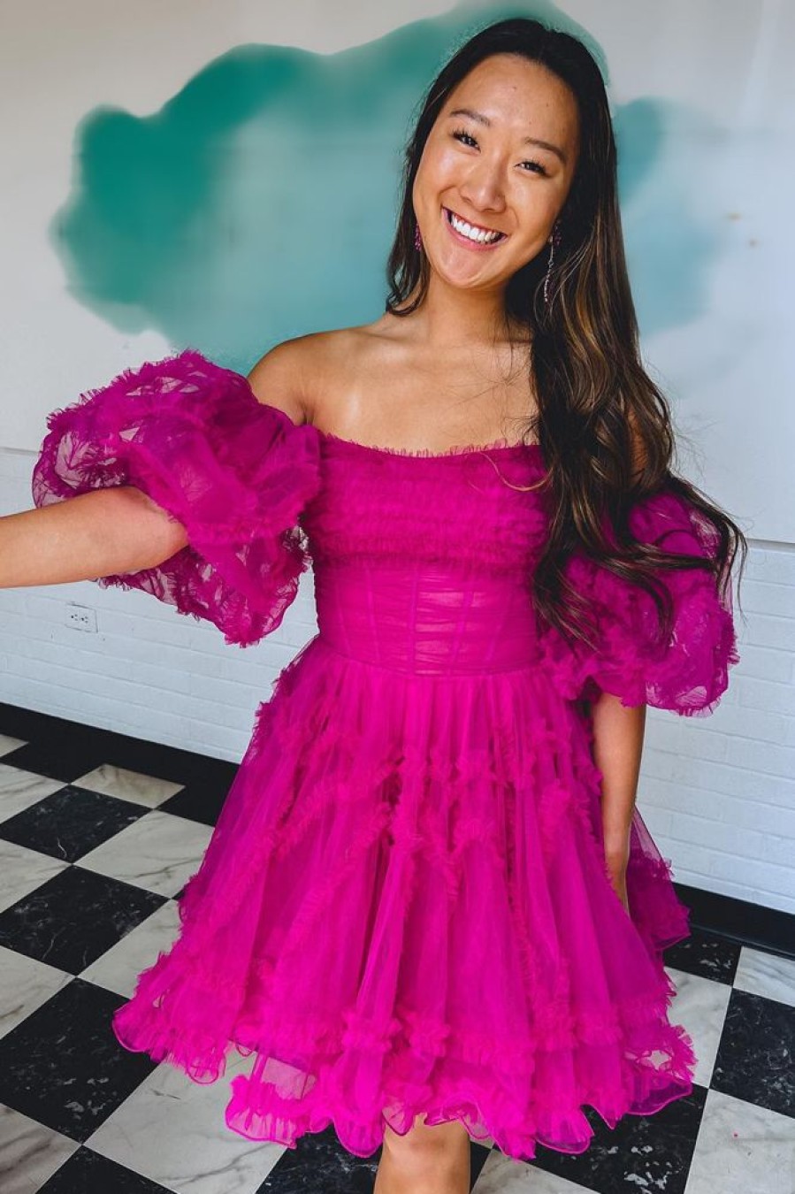 Homrain Corset Puff Sleeves A-Line Short Homecoming Dress With Ruffles | Hot Pink Hoco Dresses