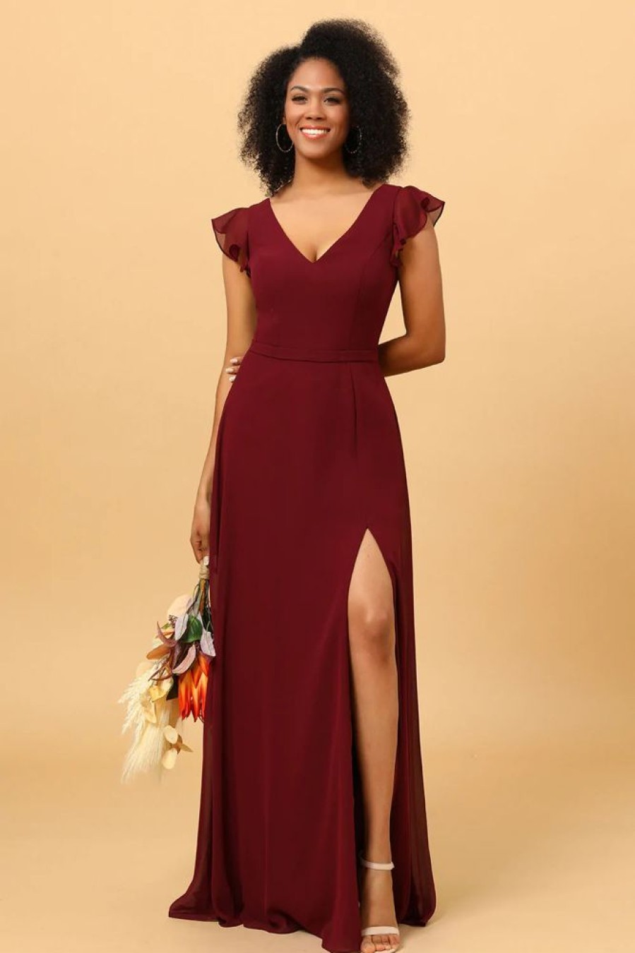 Homrain Chiffon Burgundy Bridesmaid Dress With Slit | Boho Bridesmaid Dresses