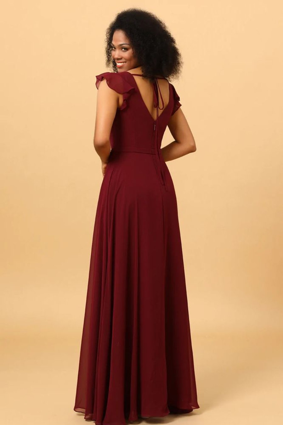 Homrain Chiffon Burgundy Bridesmaid Dress With Slit | Boho Bridesmaid Dresses