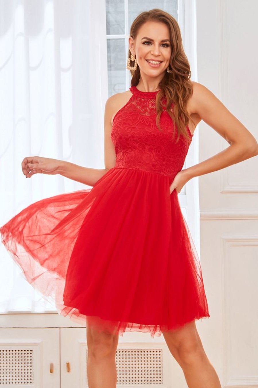 Homrain Lace Short Cocktail Party Dress | Red Hoco Dresses