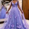 Homrain Glitter A-Line Long Prom Dress With 3D Flowers | Purple Prom Dresses