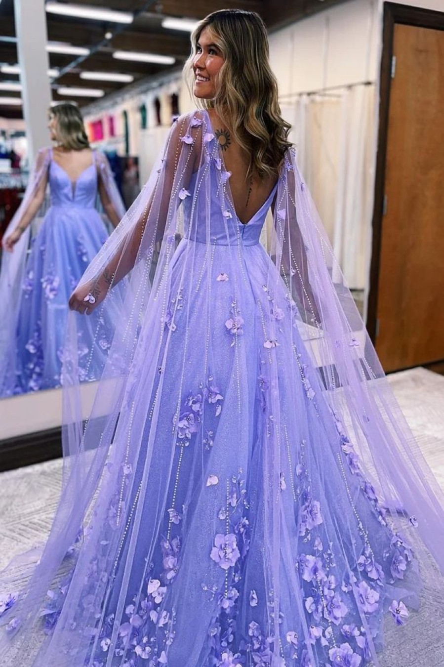 Homrain Glitter A-Line Long Prom Dress With 3D Flowers | Purple Prom Dresses