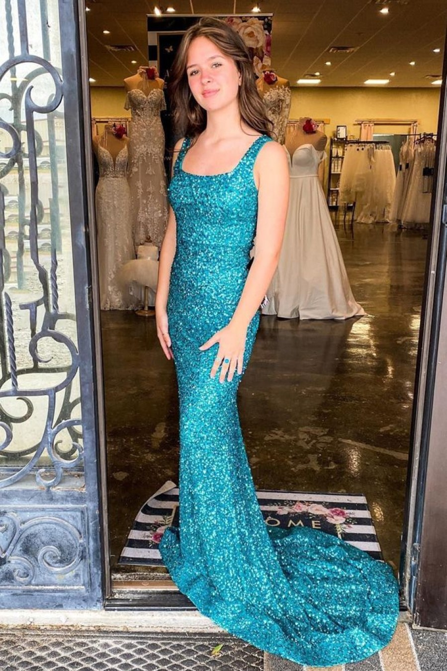 Homrain Mermaid Square Neck Sparkly Sequins Long Prom Dress | Green Prom Dresses