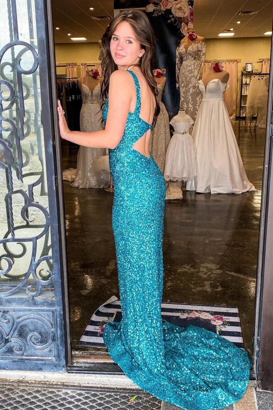 Homrain Mermaid Square Neck Sparkly Sequins Long Prom Dress | Green Prom Dresses