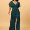 Homrain Hollow-Out Chiffon Green Bridesmaid Dress With Ruffles Sleeves | Wedding Guest Dresses